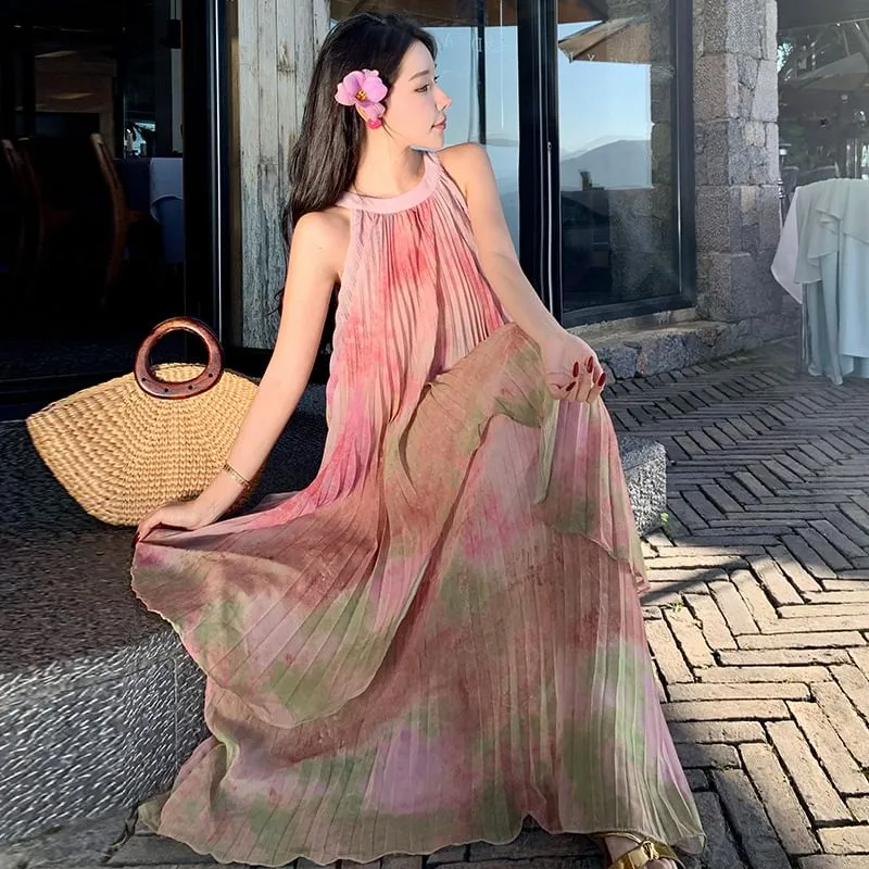 A-Line Pleated Dress Neck Tie Maxi Crew Sleeveless Dye