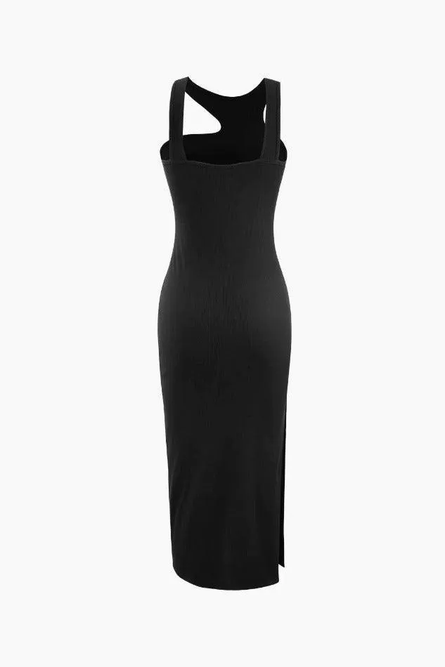 Asymmetric Rib Knit Slit Midi Dress