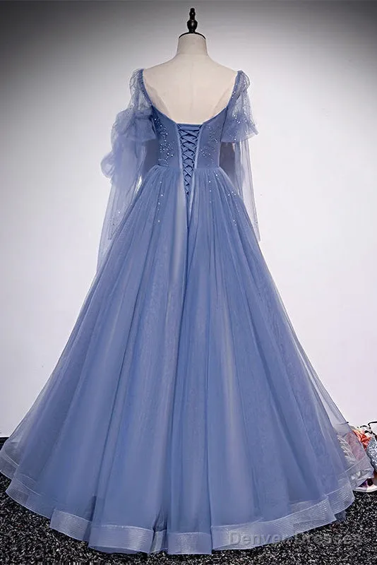 Beautiful Blue Tulle Beaded Long Formal Dress Party Dresses, A-Line Wedding Party Dresses