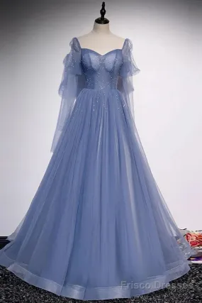 Beautiful Blue Tulle Beaded Long Formal Dress Party Dresses, A-Line Wedding Party Dresses