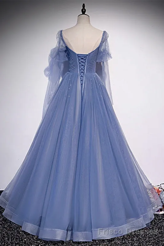 Beautiful Blue Tulle Beaded Long Formal Dress Party Dresses, A-Line Wedding Party Dresses