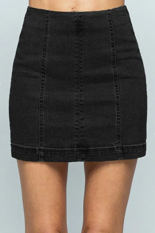 Black High Waist Panel Denim Skirt
