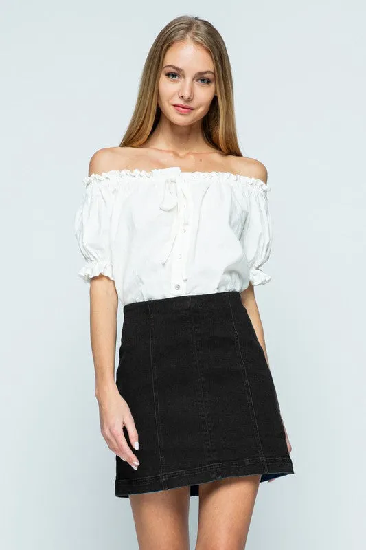 Black High Waist Panel Denim Skirt