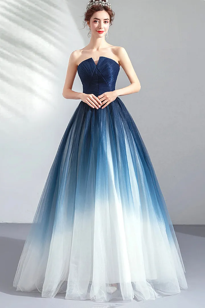 Blue Gradient Tulle Long Party Dresses A-Line Elegant Lace-Up Prom Dresses Off Shoulder