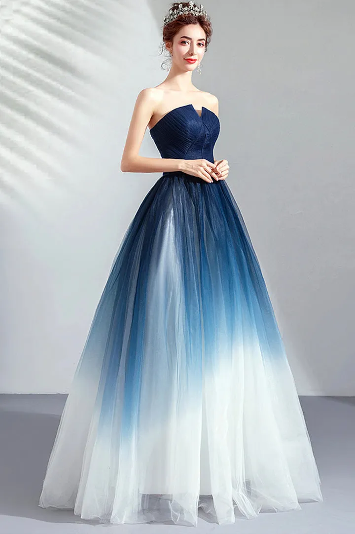 Blue Gradient Tulle Long Party Dresses A-Line Elegant Lace-Up Prom Dresses Off Shoulder