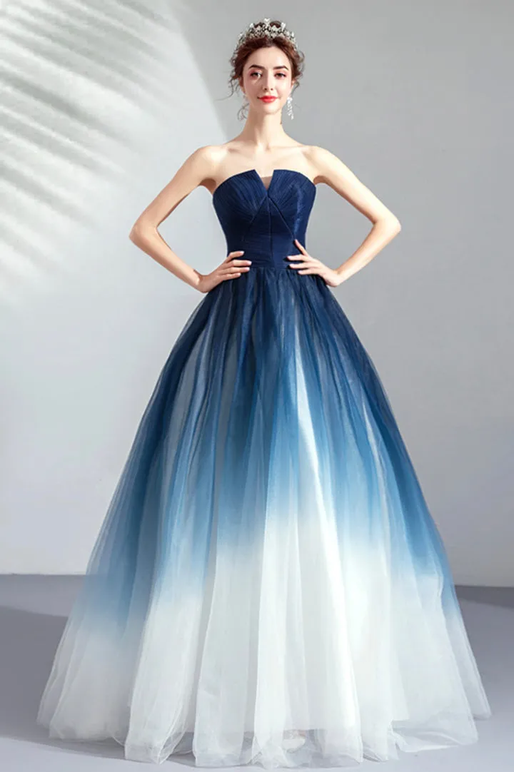 Blue Gradient Tulle Long Party Dresses A-Line Elegant Lace-Up Prom Dresses Off Shoulder