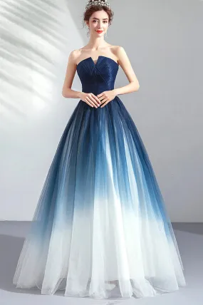 Blue Gradient Tulle Long Party Dresses A-Line Elegant Lace-Up Prom Dresses Off Shoulder