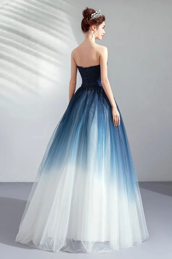 Blue Gradient Tulle Long Party Dresses A-Line Elegant Lace-Up Prom Dresses Off Shoulder