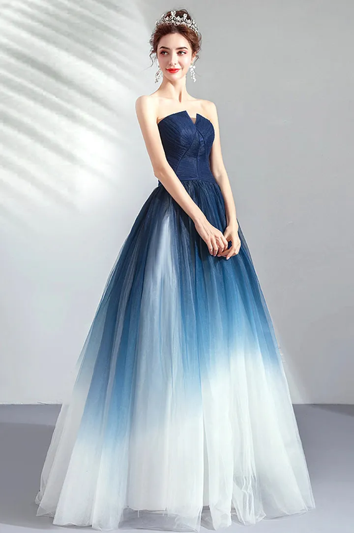Blue Gradient Tulle Long Party Dresses A-Line Elegant Lace-Up Prom Dresses Off Shoulder
