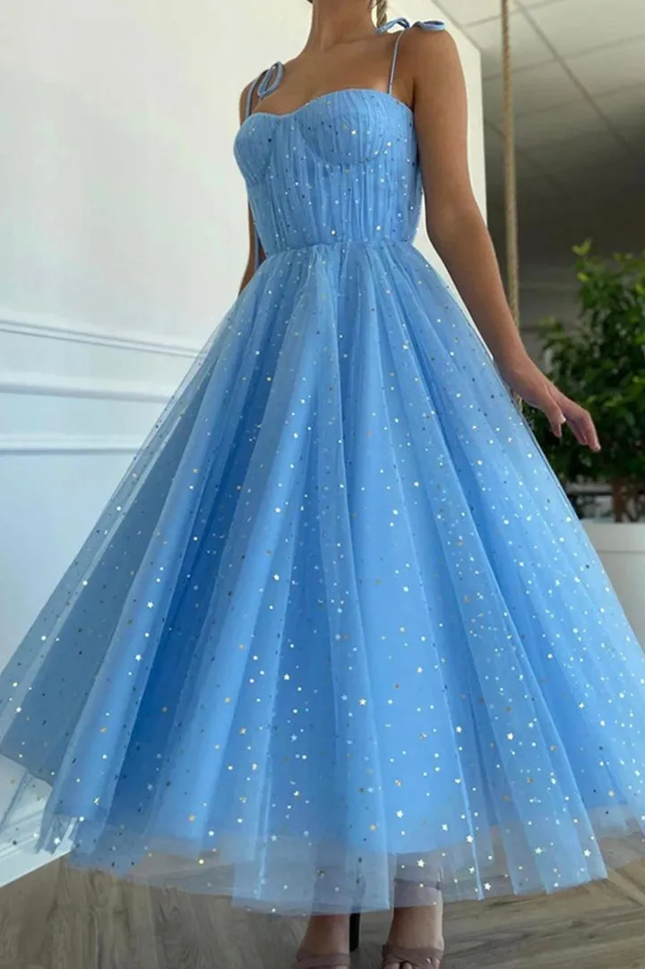 Blue Spaghetti Strap Tulle Short Prom Dresses A-Line Evening Party Dresses Sparkly