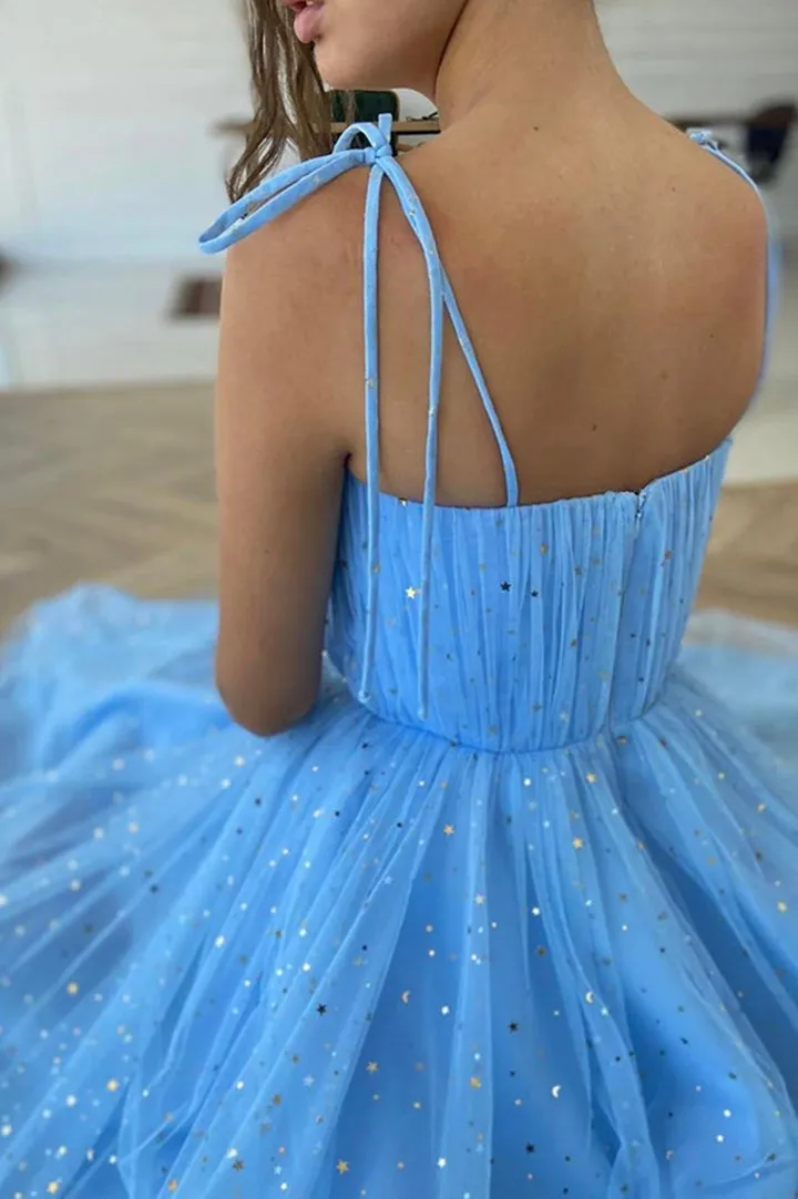 Blue Spaghetti Strap Tulle Short Prom Dresses A-Line Evening Party Dresses Sparkly