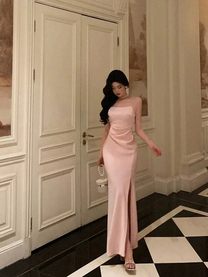 Classy Sheath Spaghetti Straps Pink Satin Prom Dresses Birthday Outfits Evening Gown, LTP3600