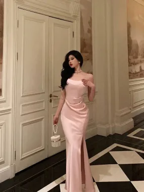 Classy Sheath Spaghetti Straps Pink Satin Prom Dresses Birthday Outfits Evening Gown, LTP3600