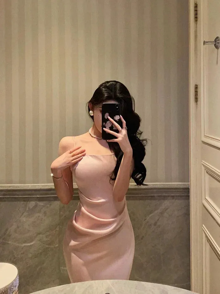 Classy Sheath Spaghetti Straps Pink Satin Prom Dresses Birthday Outfits Evening Gown, LTP3600