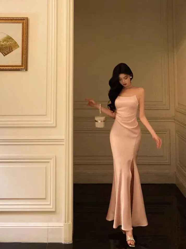 Classy Sheath Spaghetti Straps Pink Satin Prom Dresses Birthday Outfits Evening Gown, LTP3600
