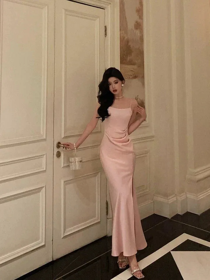 Classy Sheath Spaghetti Straps Pink Satin Prom Dresses Birthday Outfits Evening Gown, LTP3600