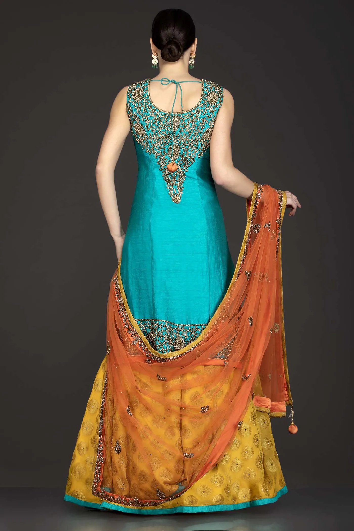 Dark Green Silk Long Kameez With Bootie Georgette Lehenga And Orange Net Dupatta