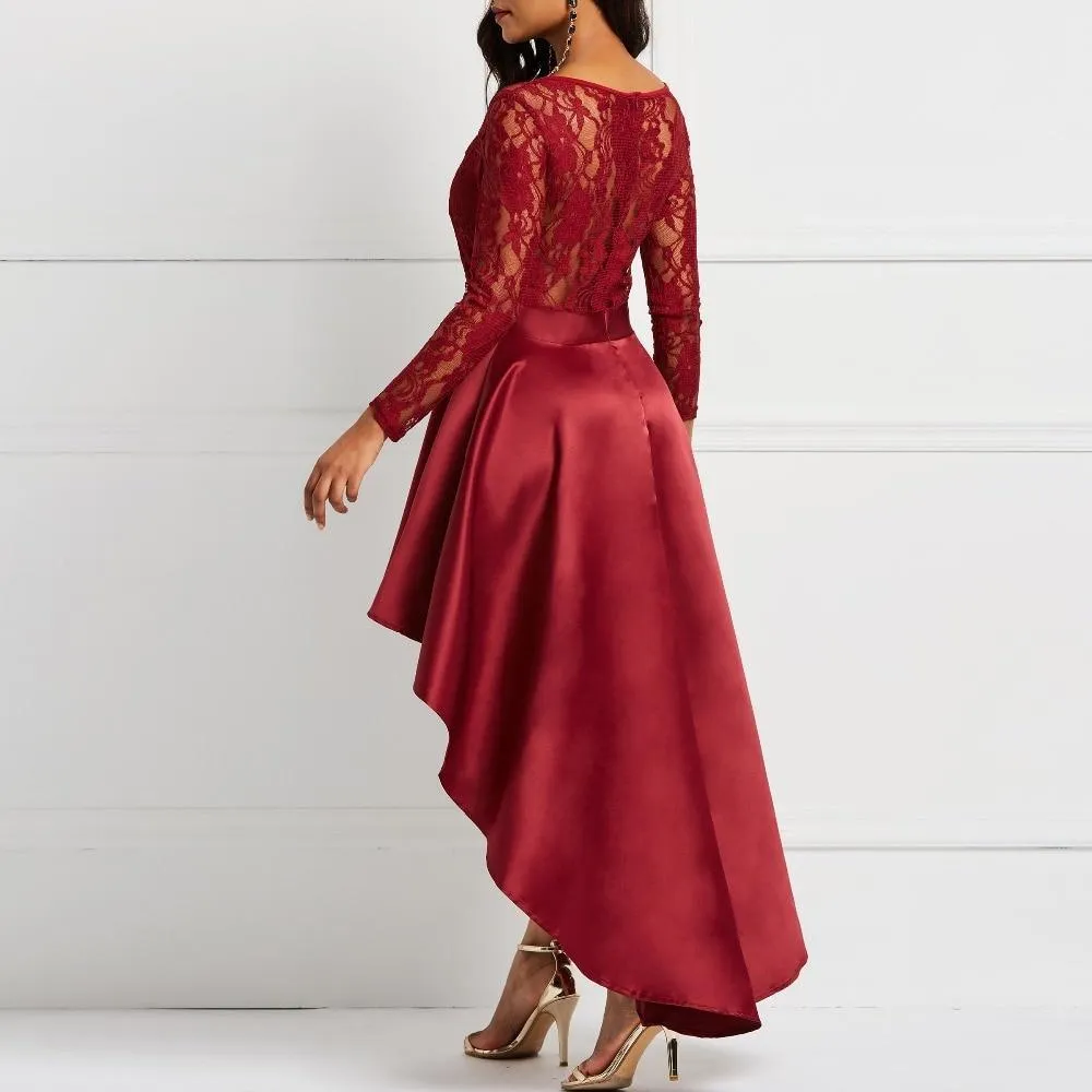 Dunnmall Evening Party Date Asymmetric Satin Hollow Out Floral Lace Long Dress