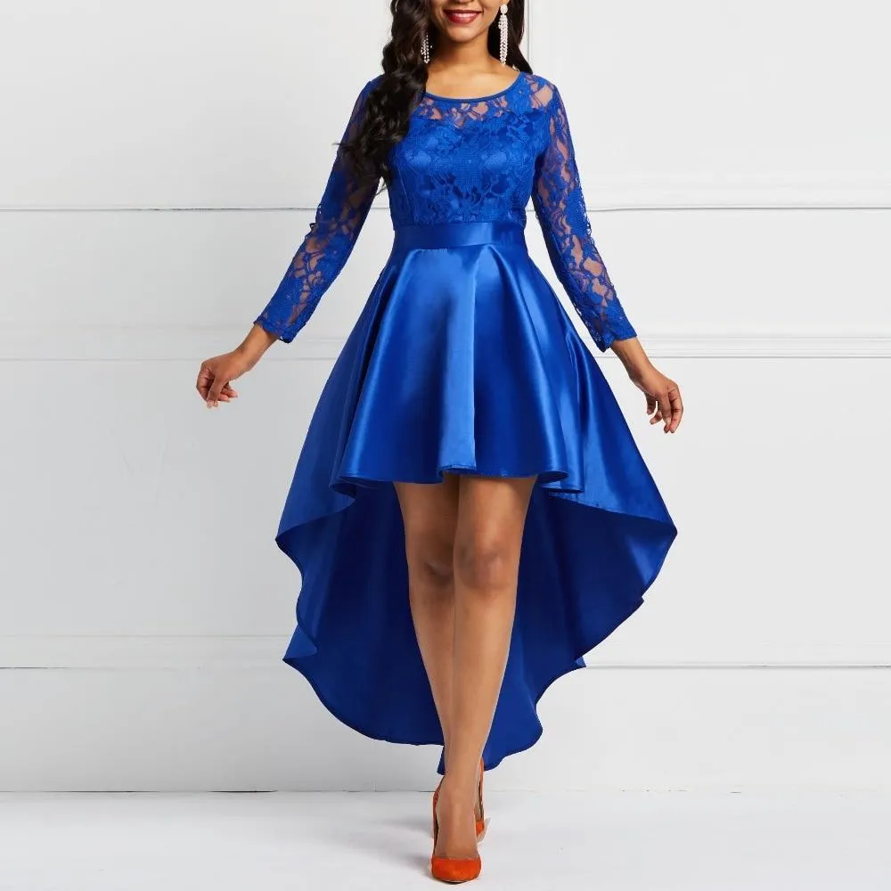 Dunnmall Evening Party Date Asymmetric Satin Hollow Out Floral Lace Long Dress
