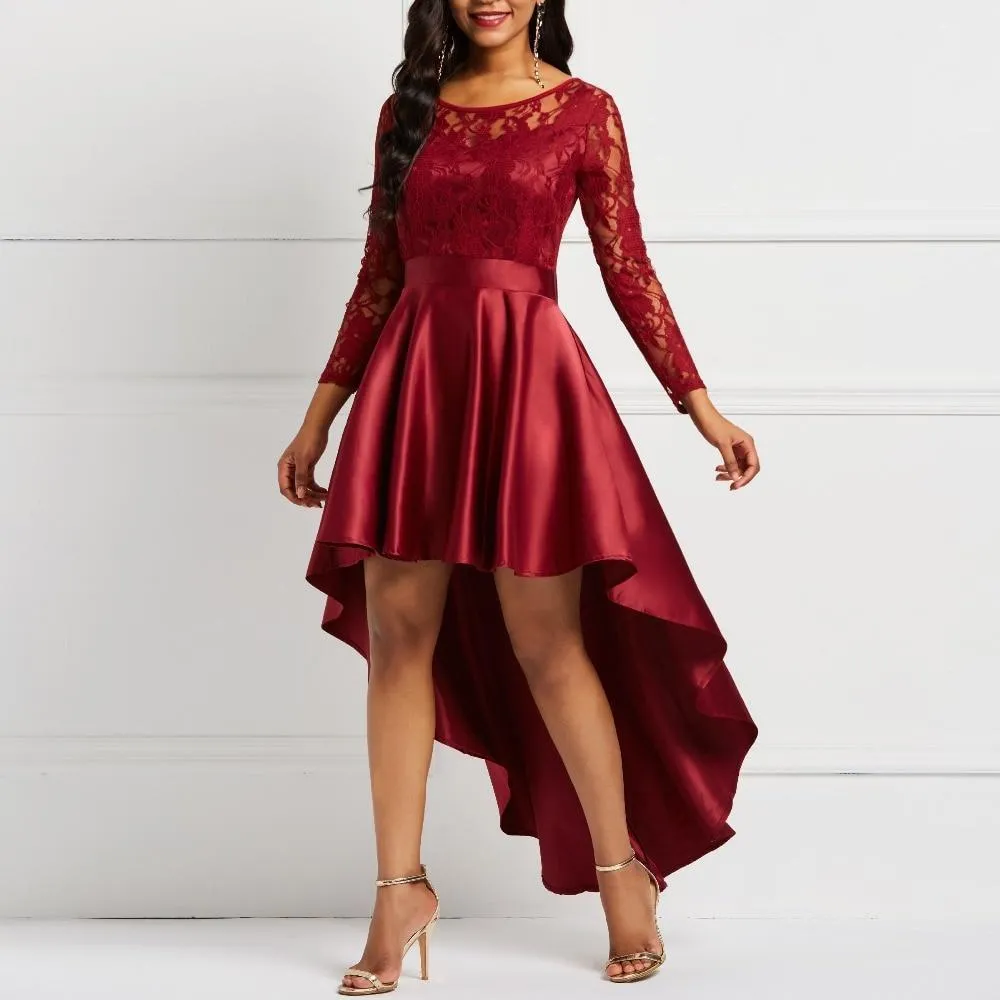 Dunnmall Evening Party Date Asymmetric Satin Hollow Out Floral Lace Long Dress