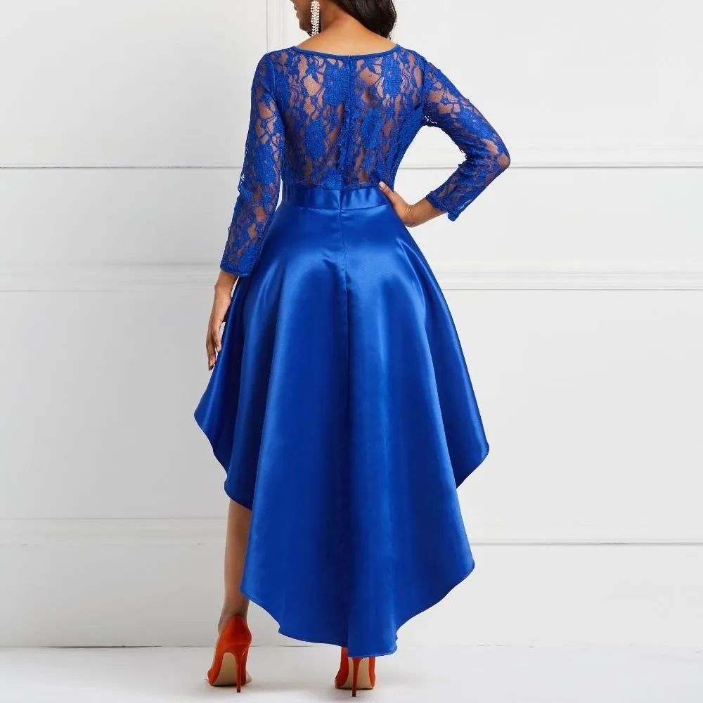 Dunnmall Evening Party Date Asymmetric Satin Hollow Out Floral Lace Long Dress
