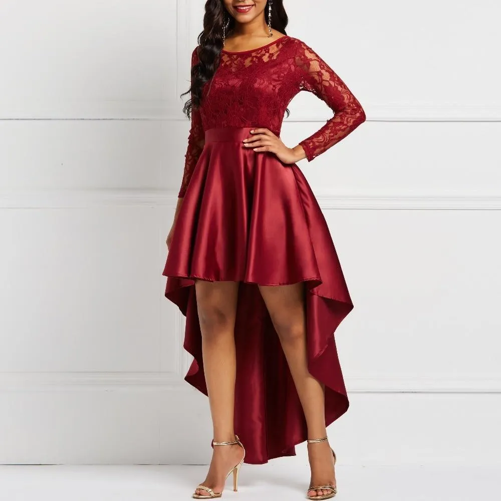 Dunnmall Evening Party Date Asymmetric Satin Hollow Out Floral Lace Long Dress