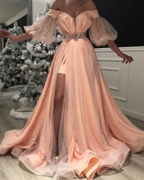 Edith Puff Sleeves Pink Evening Dress