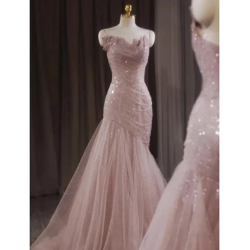 Elegant Dresses Gowns Evening Dresses Pink Shiny Tulle Mermaid Prom Dress Fairy Formal Evening Dress