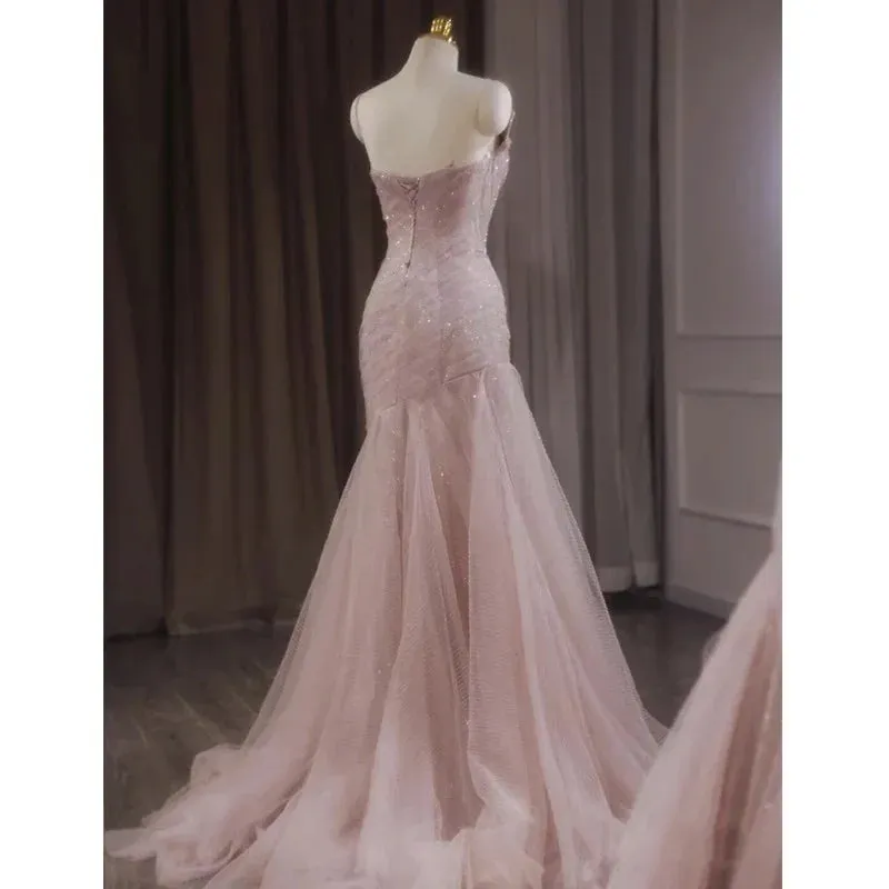 Elegant Dresses Gowns Evening Dresses Pink Shiny Tulle Mermaid Prom Dress Fairy Formal Evening Dress
