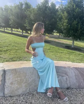 Elegant Gowns Evening Dresses Spaghetti Straps Sheath Prom Dress Formal Aqua Blue Satin Party Dress