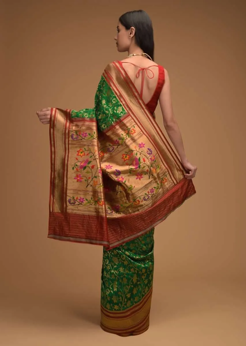 Emerald Green Banarasi Silk Saree With Brocade Border