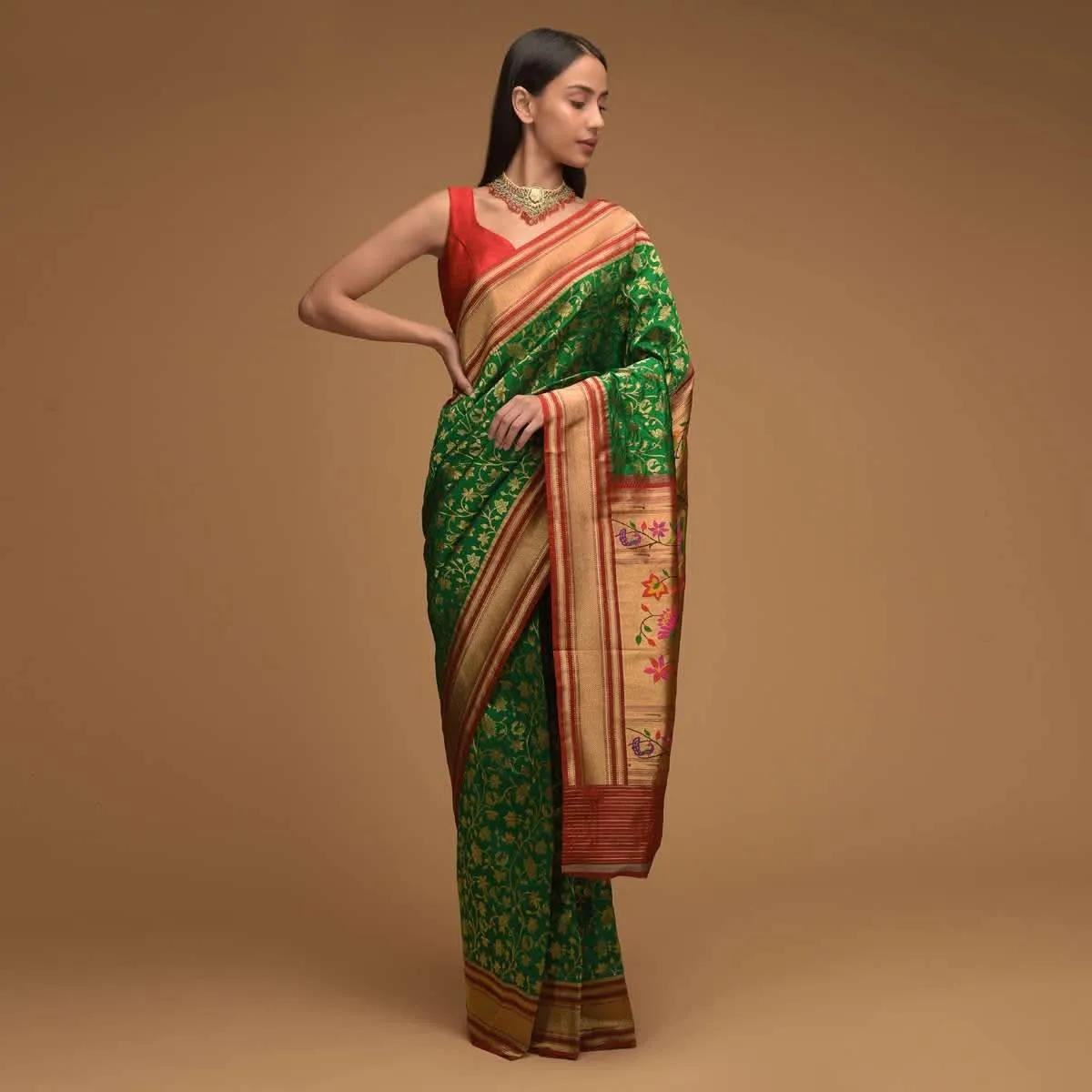 Emerald Green Banarasi Silk Saree With Brocade Border