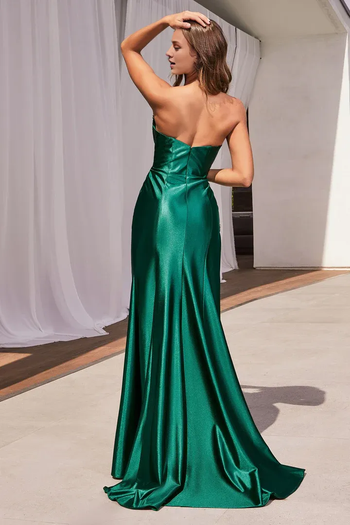 Fashion Formal Women's Dresses Fitted Beaded Satin Strapless Slit Gowns Evening Dresses