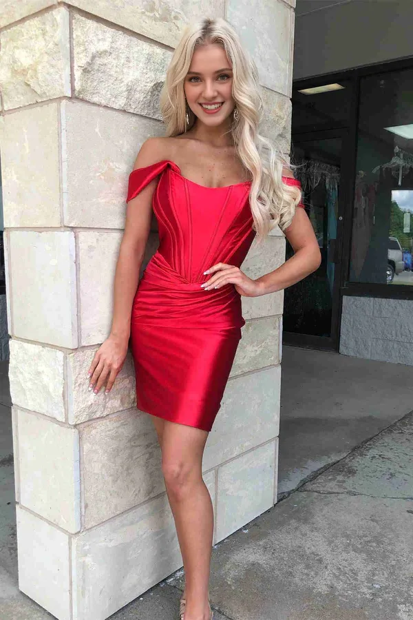 Fashionable and Beautiful Graduation Dresses Sheath Off the Shoulder Satin Homecoming Dress