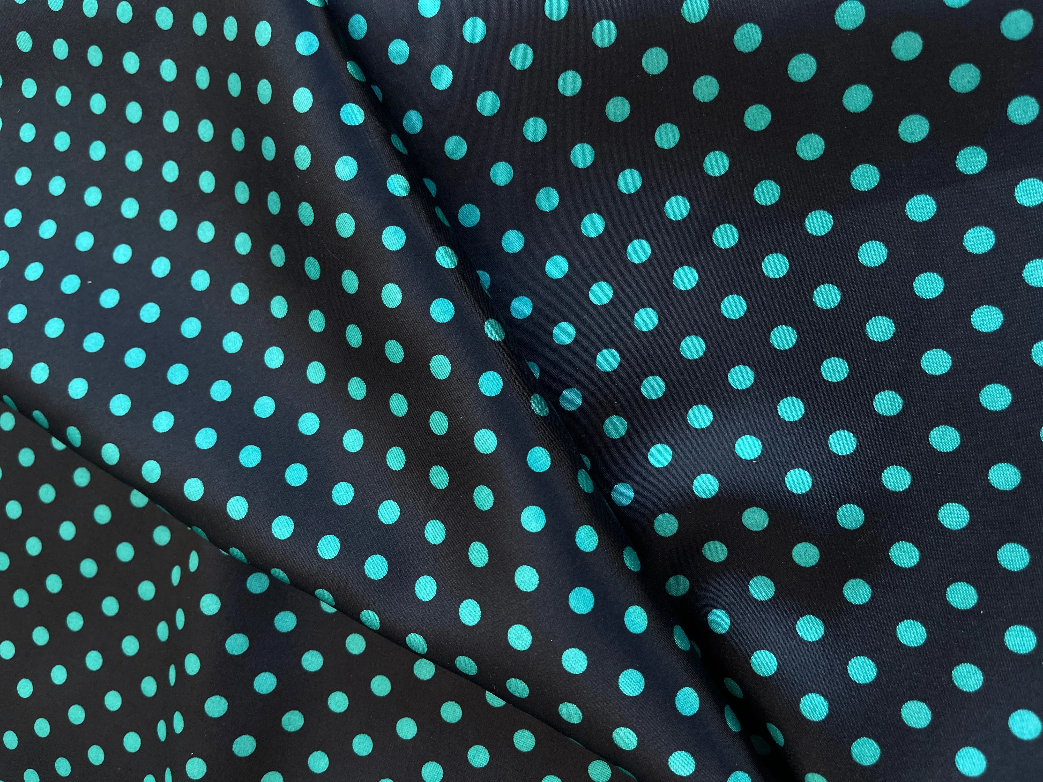 Faux silk charmeuse satin fabric by the yard - black polka dots on Royal Blue
