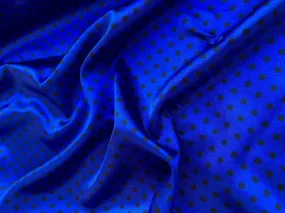 Faux silk charmeuse satin fabric by the yard - black polka dots on Royal Blue