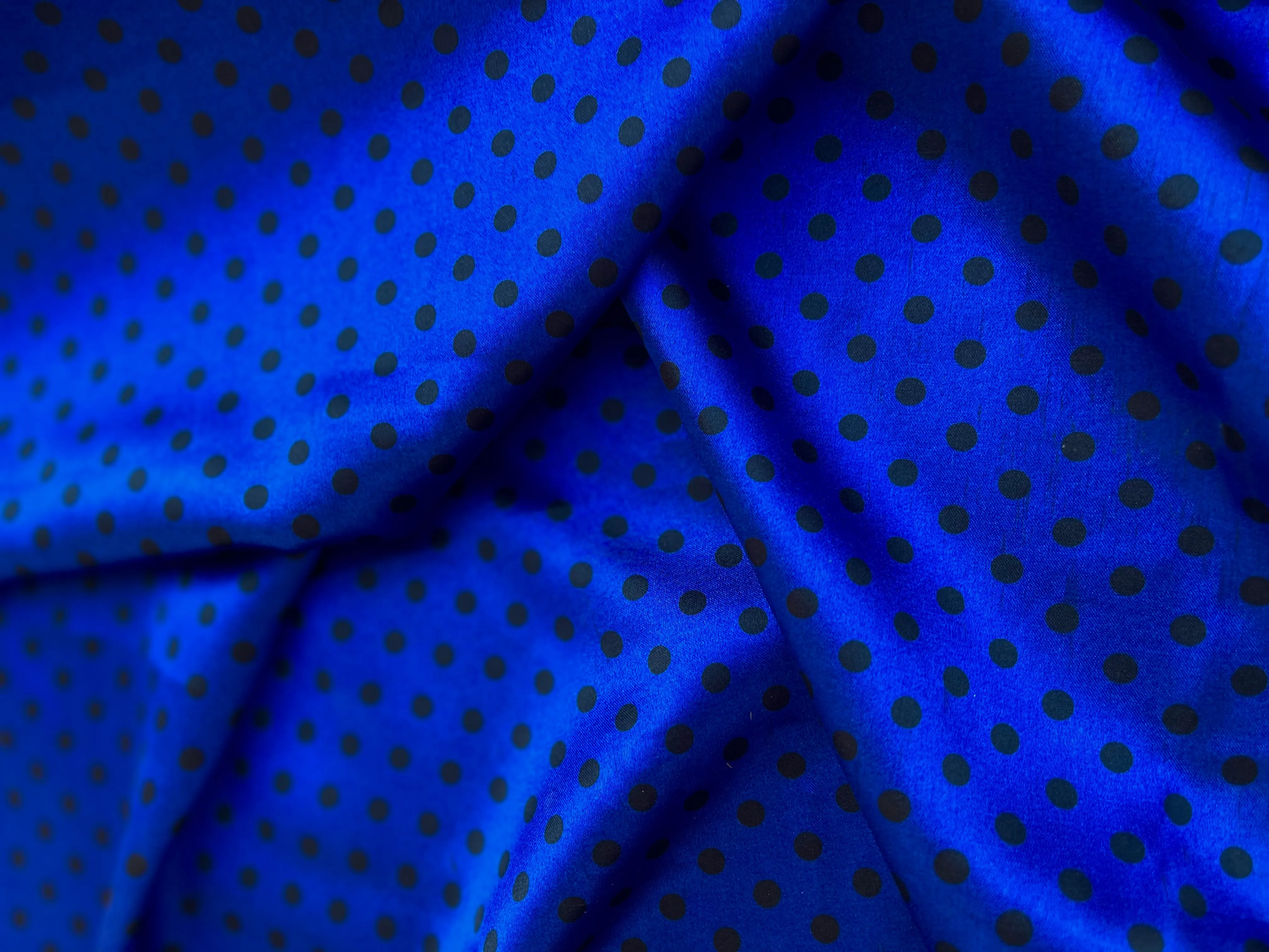 Faux silk charmeuse satin fabric by the yard - black polka dots on Royal Blue