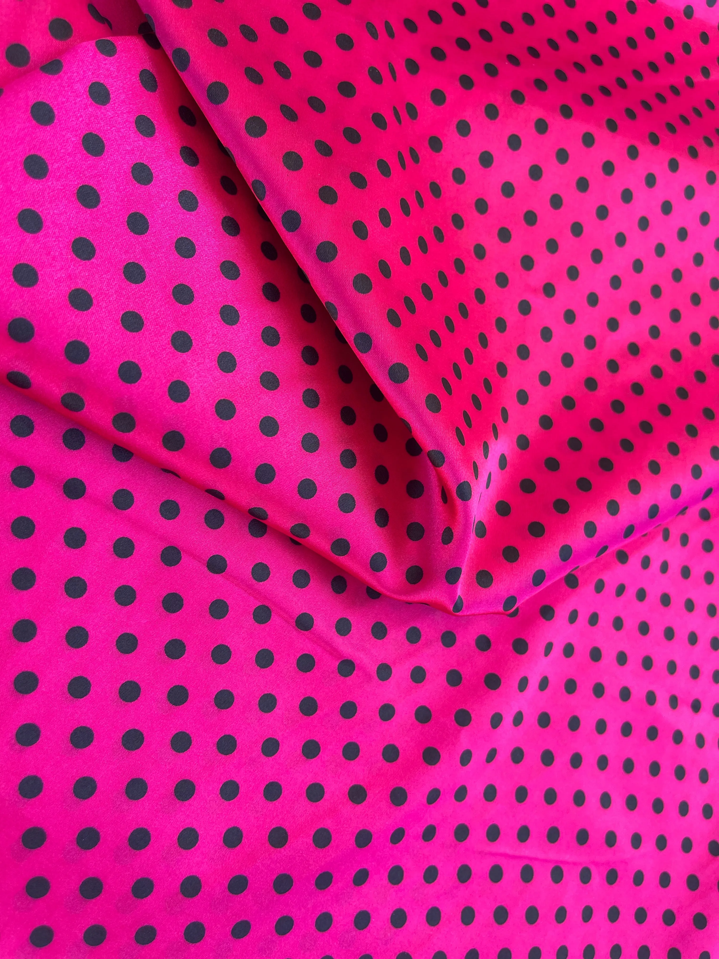 Faux silk charmeuse satin fabric by the yard - black polka dots on Royal Blue