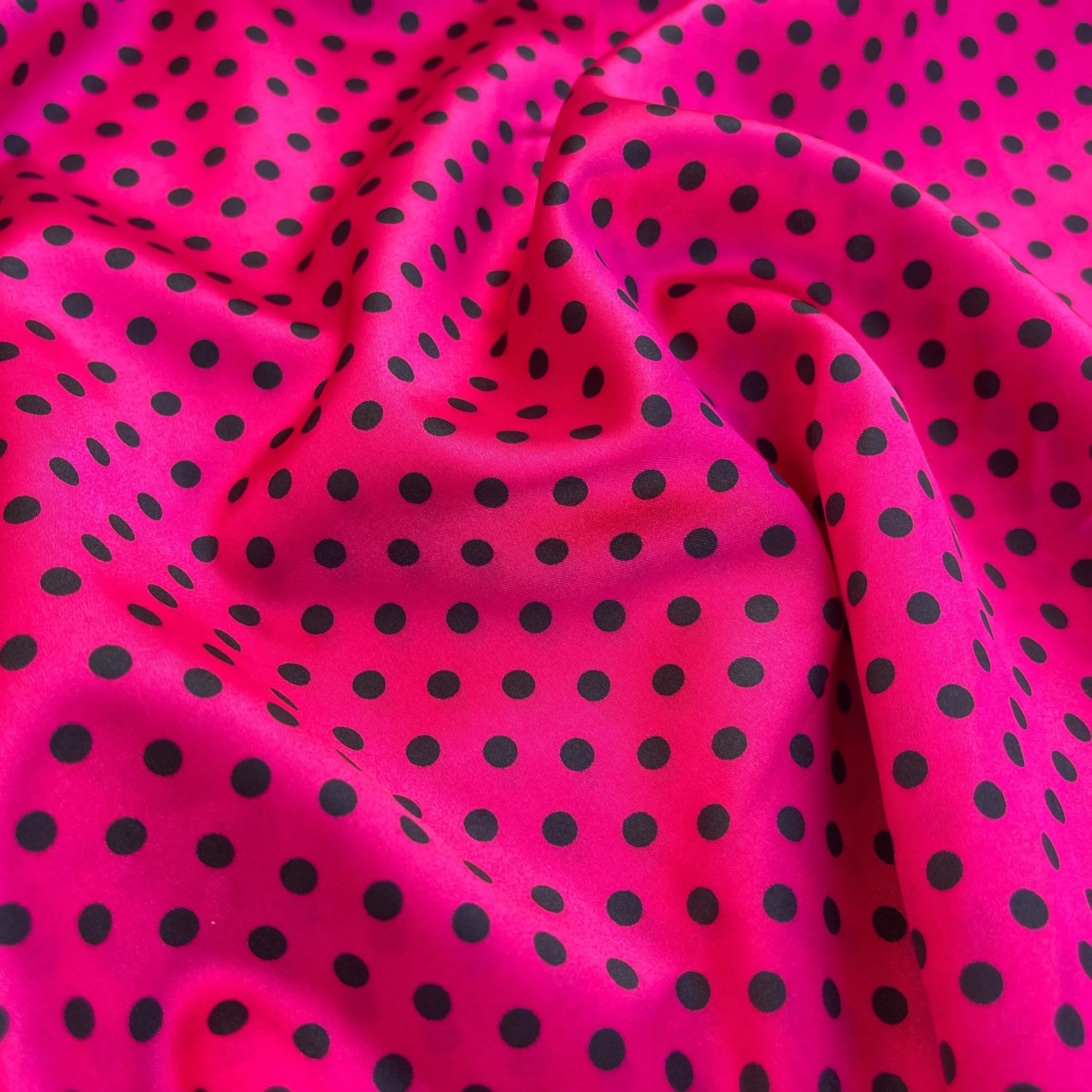 Faux silk charmeuse satin fabric by the yard - black polka dots on Royal Blue