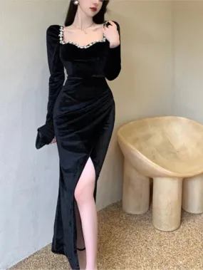 Formal Wear Dresses Black Long Sleeves Velvet Mermaid Slit Long Prom Dress with Beading Prom Dresses Shops Formal Women's Dresses