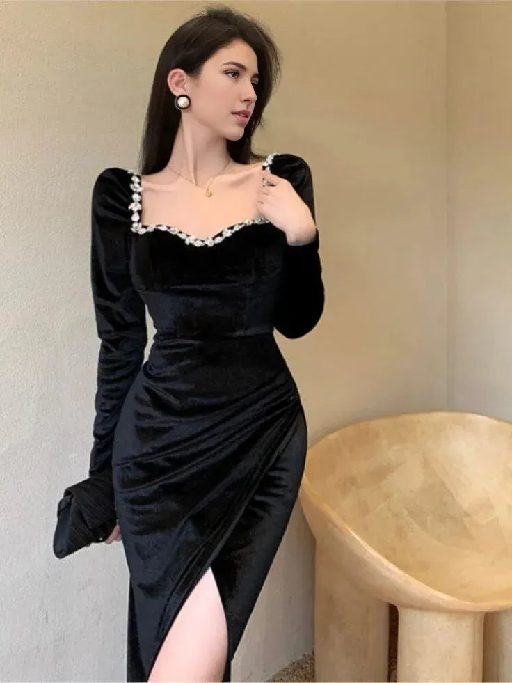 Formal Wear Dresses Black Long Sleeves Velvet Mermaid Slit Long Prom Dress with Beading Prom Dresses Shops Formal Women's Dresses