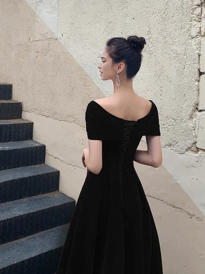 Formal Wear Dresses Black Off Shoulder Velvet Knee Length Formal Prom Dress Evening Party Dress Prom Dresses Shops Formal Women's Dresses