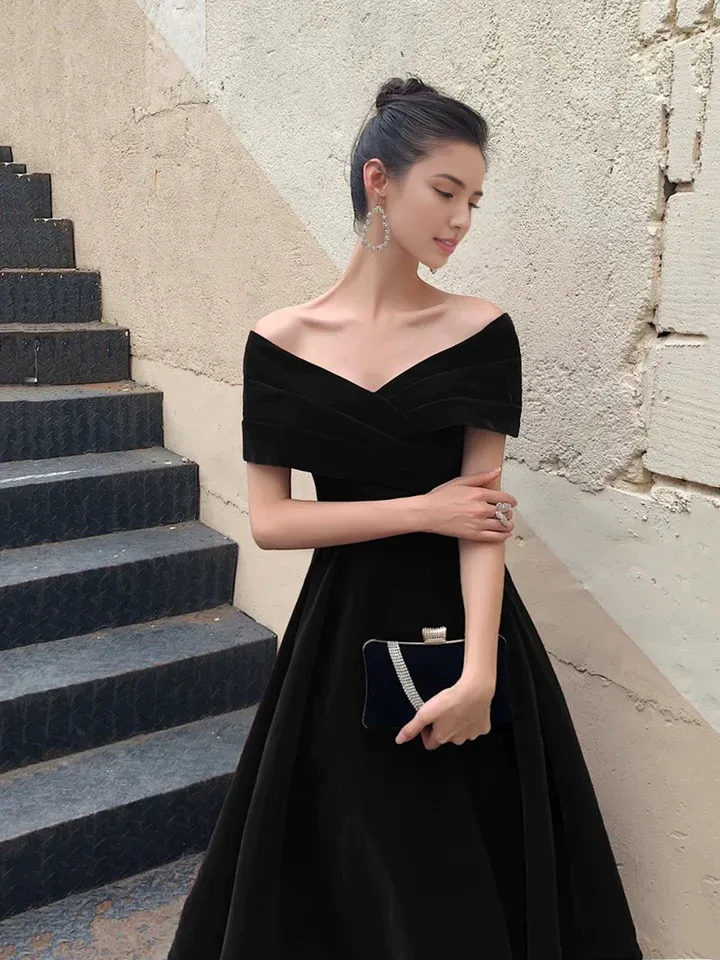 Formal Wear Dresses Black Off Shoulder Velvet Knee Length Formal Prom Dress Evening Party Dress Prom Dresses Shops Formal Women's Dresses