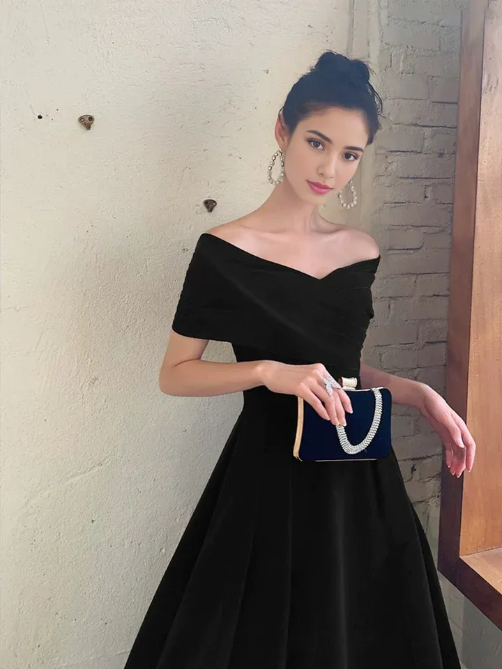 Formal Wear Dresses Black Off Shoulder Velvet Knee Length Formal Prom Dress Evening Party Dress Prom Dresses Shops Formal Women's Dresses