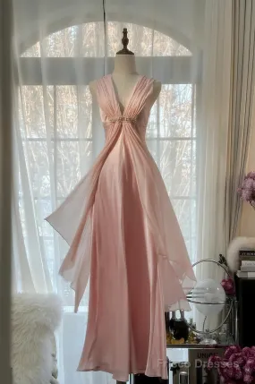 Gentle Pink Sheath Chiffon Ribbon V-Neck Simple Prom Dress