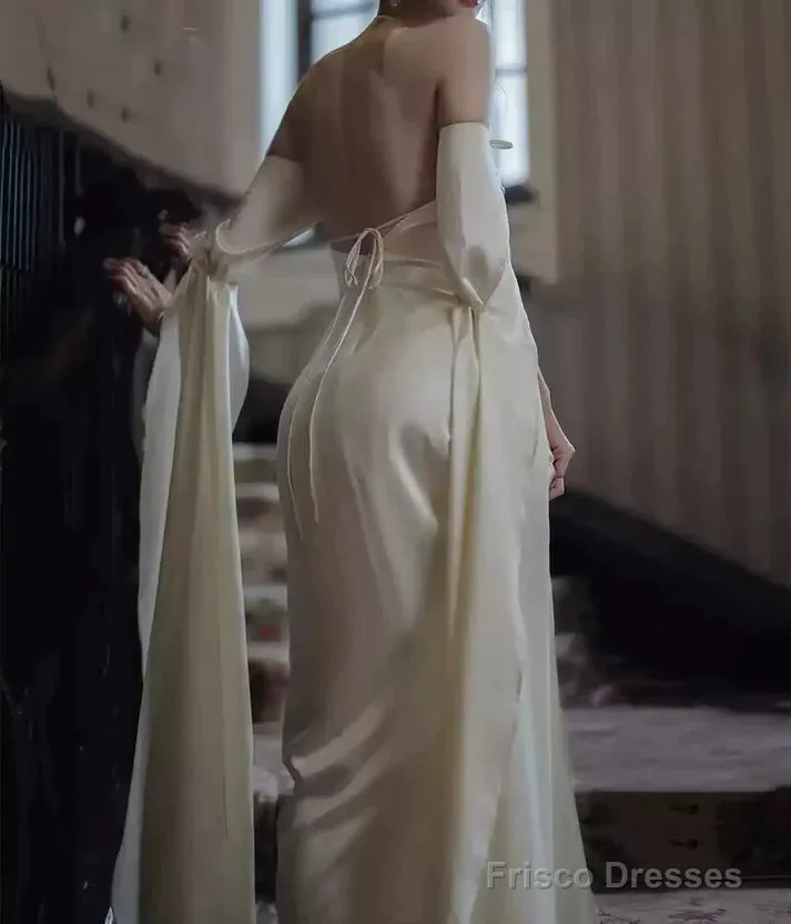 Ivory Satin Sheath Long Prom Dresses Formal Party Dresses