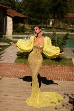 Kimberly Beautiful Puff Sleeves Yellow Evening Dress