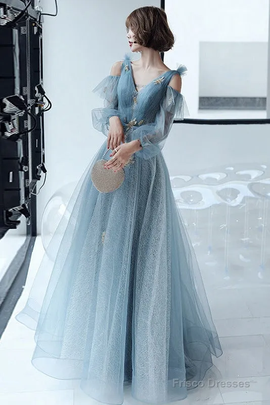 Lovely Blue Long Sleeves Tulle Long Wedding Party Dresses, Blue Prom Dresses