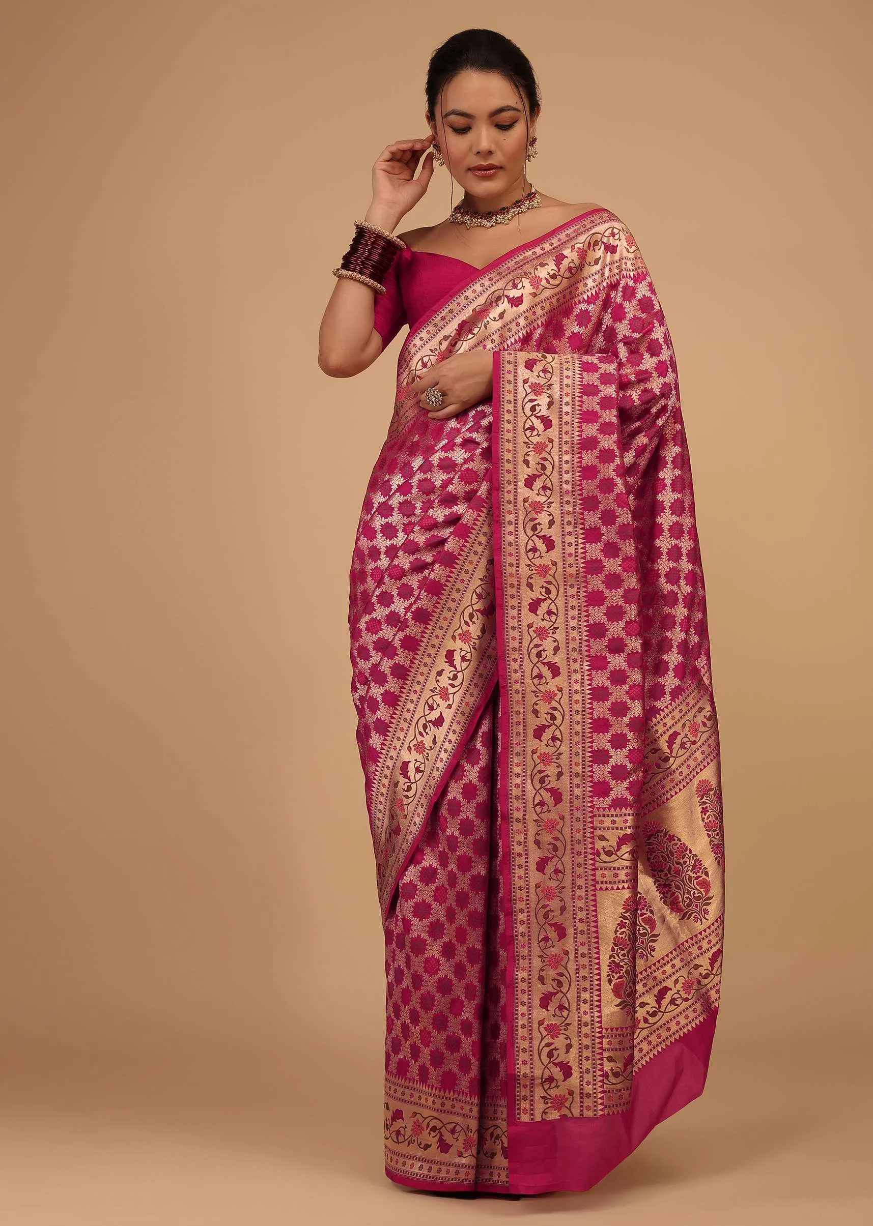 Magenta Pink Saree In Pure Banarasi Silk With Upada Zari Weave In Floral Jaal Work