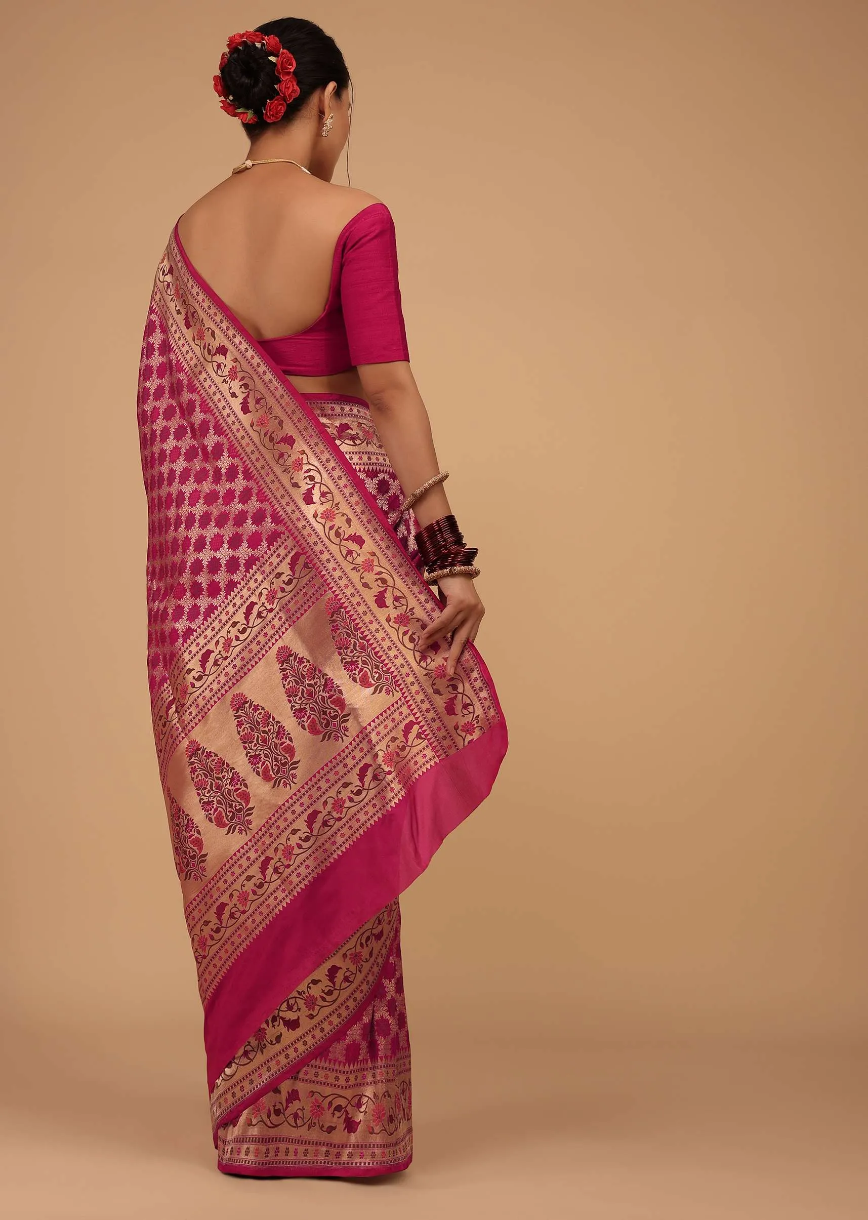 Magenta Pink Saree In Pure Banarasi Silk With Upada Zari Weave In Floral Jaal Work